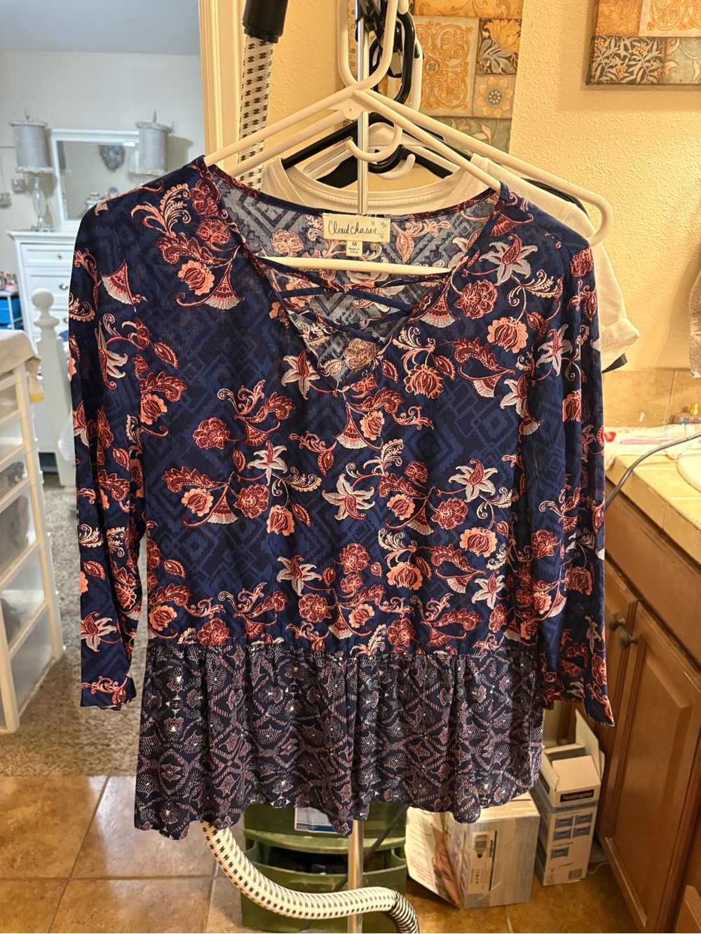 Cloud Chaser Navy Floral Peplum Tunic with Crisscross Neckline